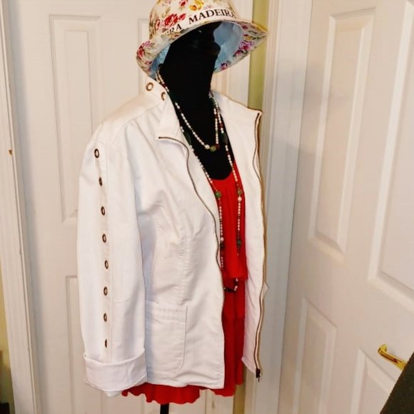 OSO Casuals White DENIM Spring Bomber Jacket w/ Metal Rings XL Orig $120+Tax NWD - Picture 8 of 11